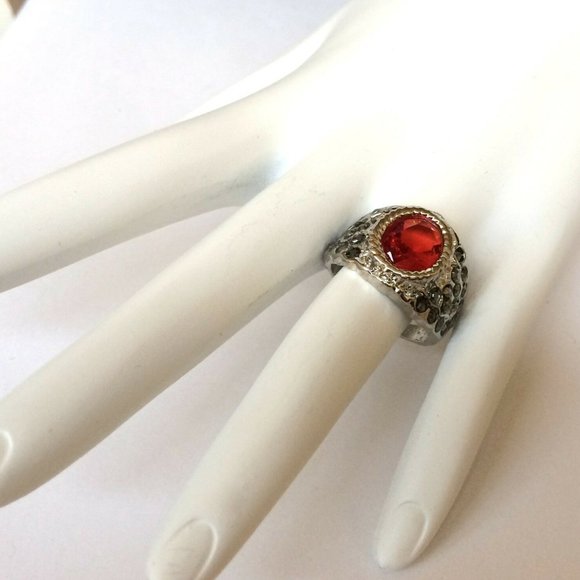 Vintage Silver Art Deco Boho Ruby Cocktail Ring Size 7 8 Plated Red Stone - Picture 3 of 10